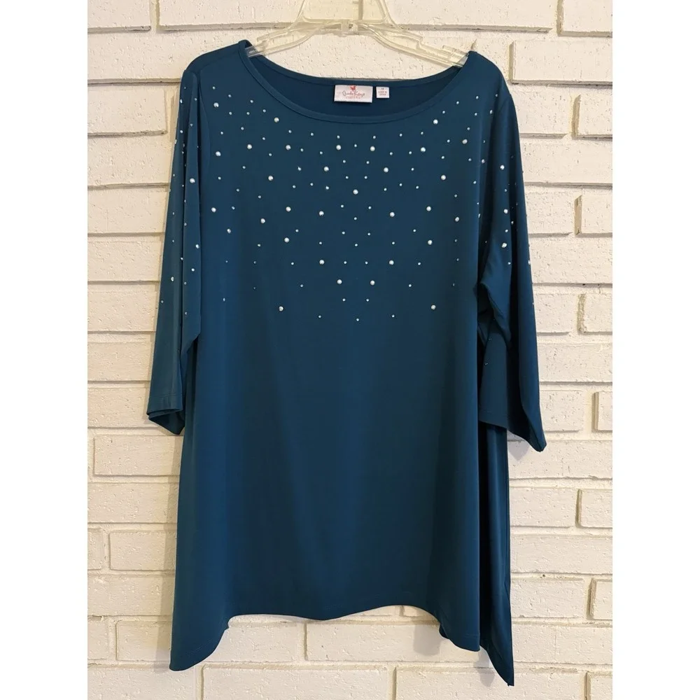 Quacker Factory Size 1X Green 3/4-Sleeve Trapeze Hem Top with Rhinestones